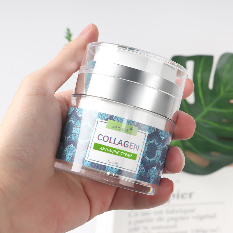 Hand holding a jar of collagen face cream with anti-aging benefits and moisturizing properties.