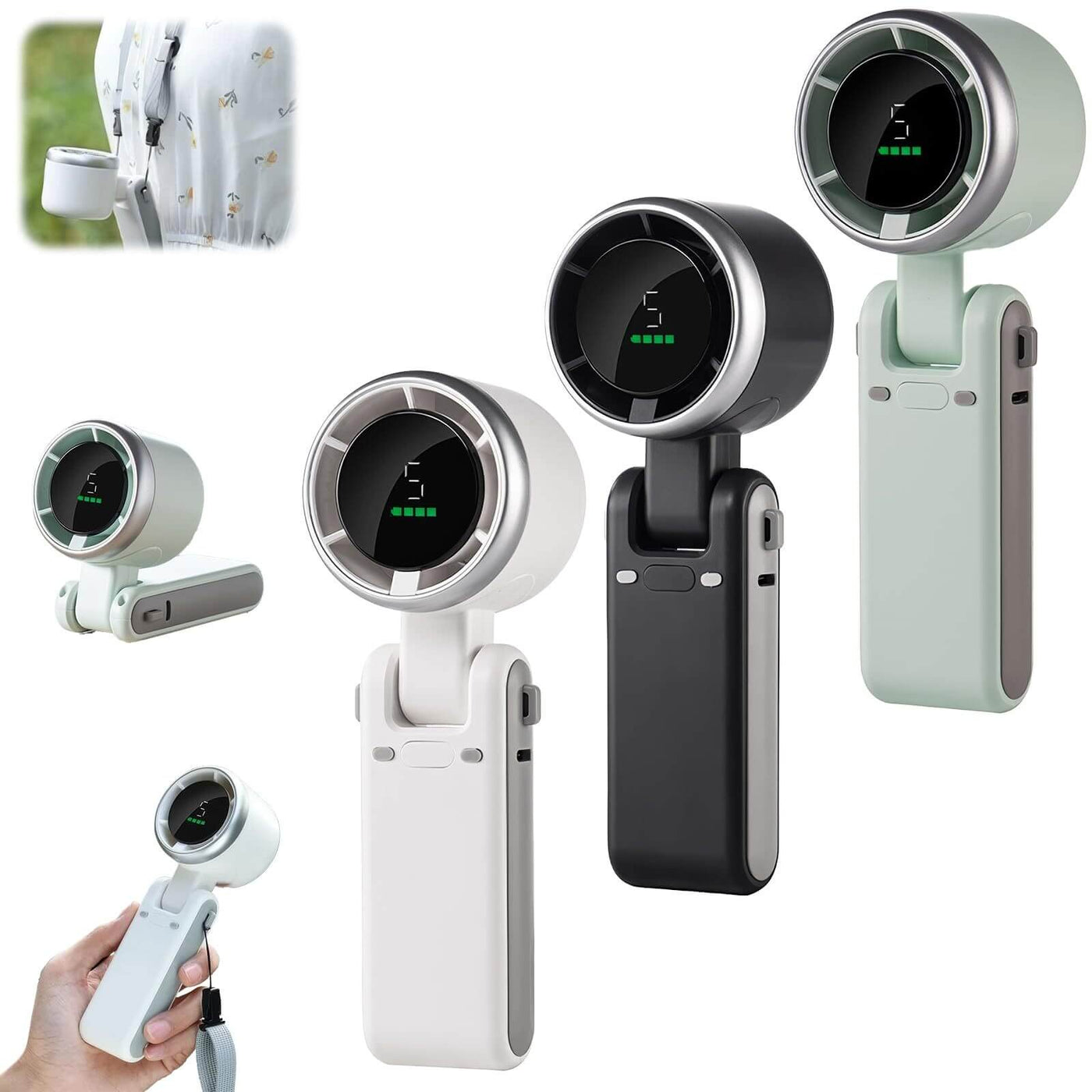 Portable hanging neck mini fan with 180-degree folding design, Type-C input, high-speed turbo, and multiple color options.