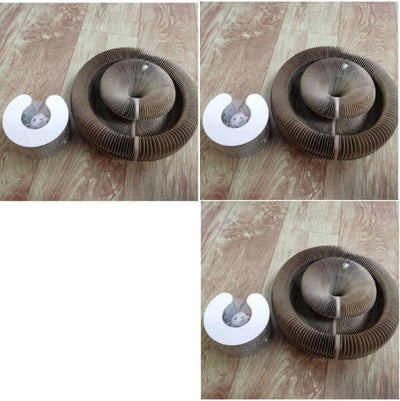 Corrugated and foldable cat paper nest spiral toy on wooden floor for cat play