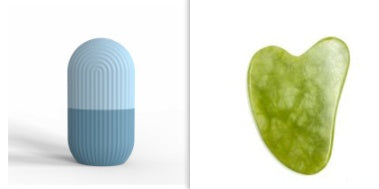 Silicone ice cube tray mold and green massager tool for beauty care.