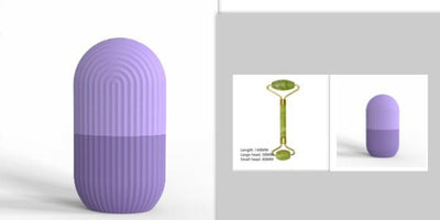 Silicone ice cube tray mold with massage roller in purple for face lifting and skincare.