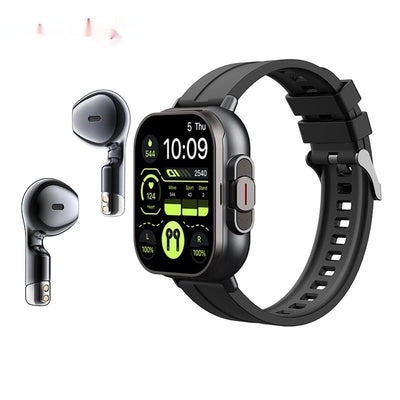 Cross-border new arrival smart watch with TWS Bluetooth headset, heart rate monitor, and waterproof design in black.