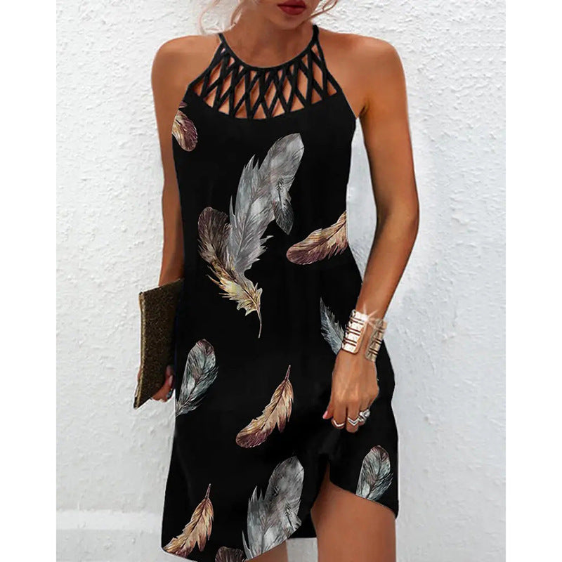 Japanese and Korean casual halterneck summer dress for women with feather print and mid-length A-line skirt