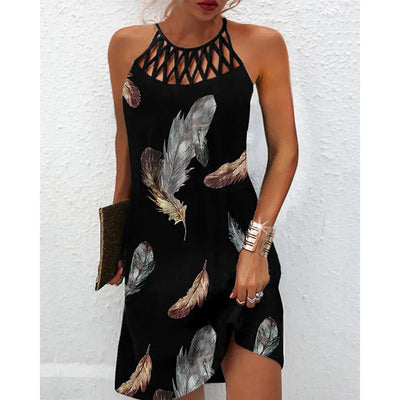 Japanese and Korean casual halterneck summer dress for women with feather print and mid-length A-line skirt