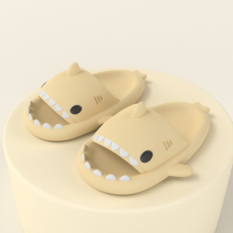 Adult's funny shark cartoon indoor outdoor slippers in beige EVA material with soft, comfortable design and anti-slip sole.