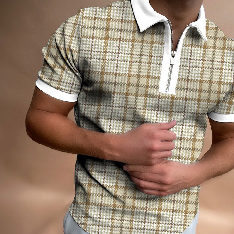 Men's khaki zipper check polo shirt with stand-up collar and short raglan sleeves made from chemical fiber blended fabric