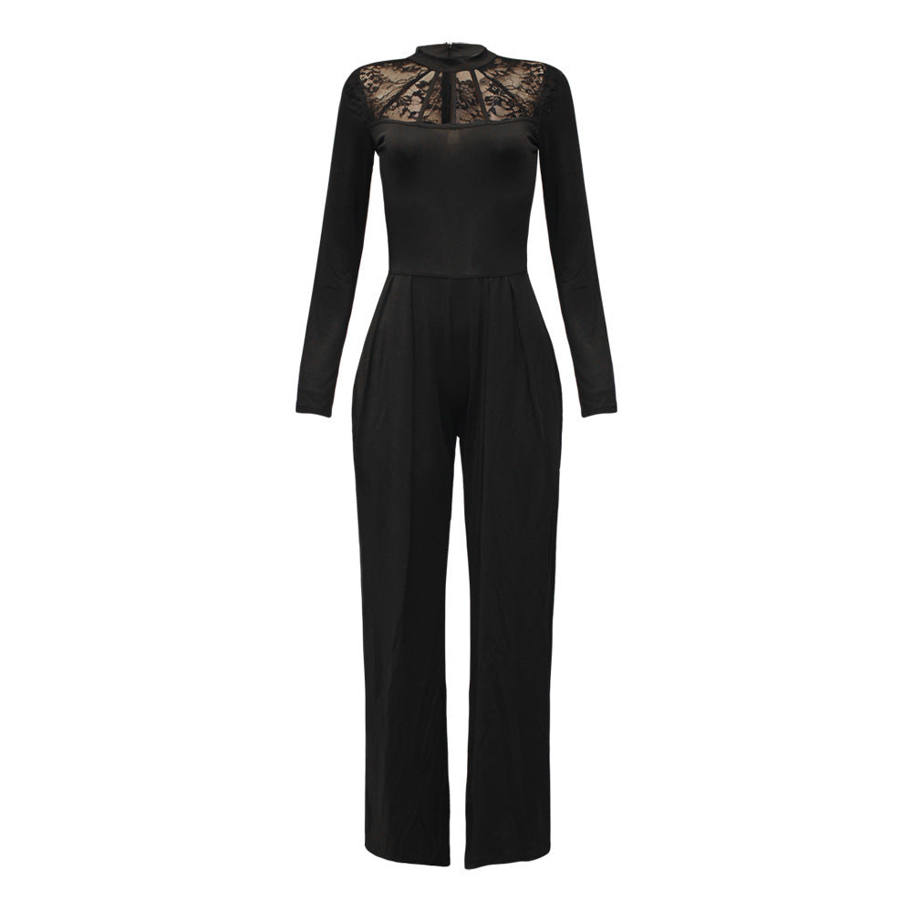 Black long sleeve women's jumpsuit with wide legs and lace detailing, made from soft milk silk fabric