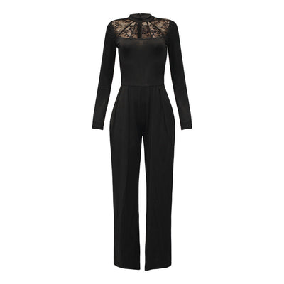 Black long sleeve women's jumpsuit with wide legs and lace detailing, made from soft milk silk fabric