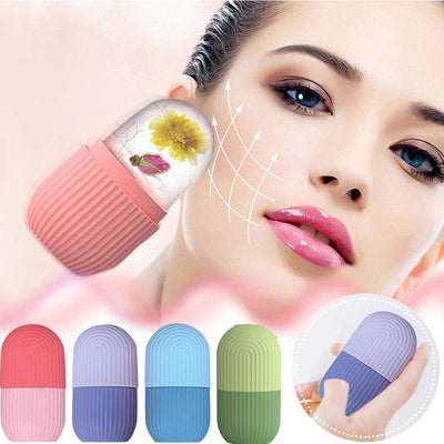 Silicone ice cube tray mold with floral ice for face massage on colorful background.