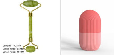 Silicone ice cube tray for face massage and contouring in pink and green with roller massager.
