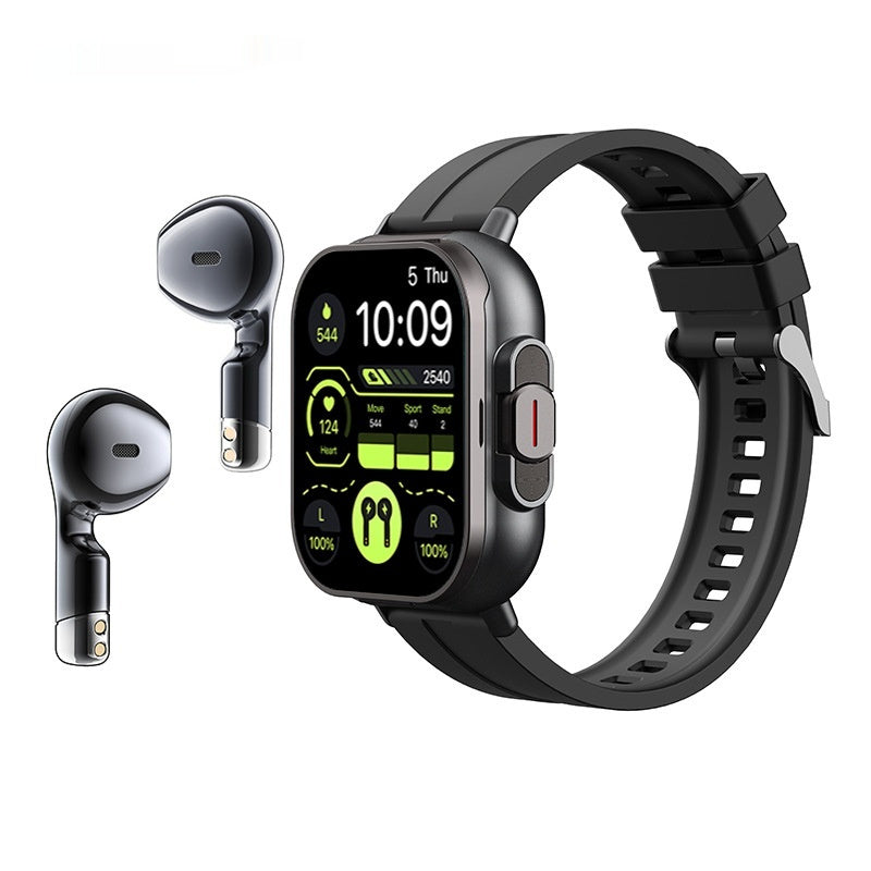 Cross-border new arrival smartwatch with TWS Bluetooth headset, heart rate monitor, waterproof design, and NFC functionality in black.