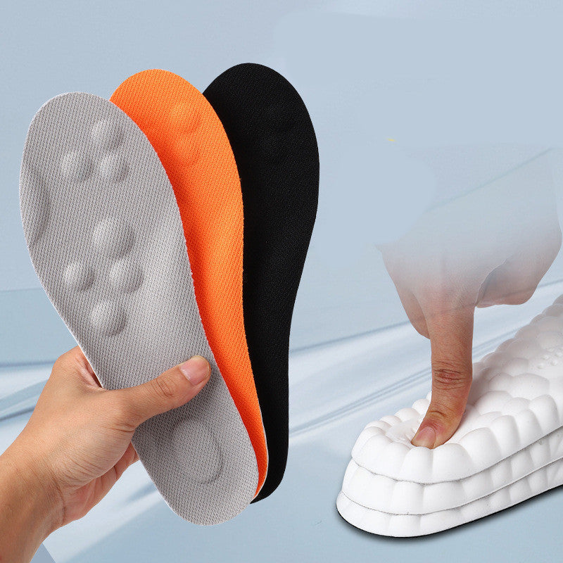 Sports insoles in orange, black, and gray; suitable for various shoe types; made of TPU material.