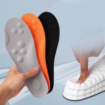 Sports insoles in orange, black, and gray; suitable for various shoe types; made of TPU material.