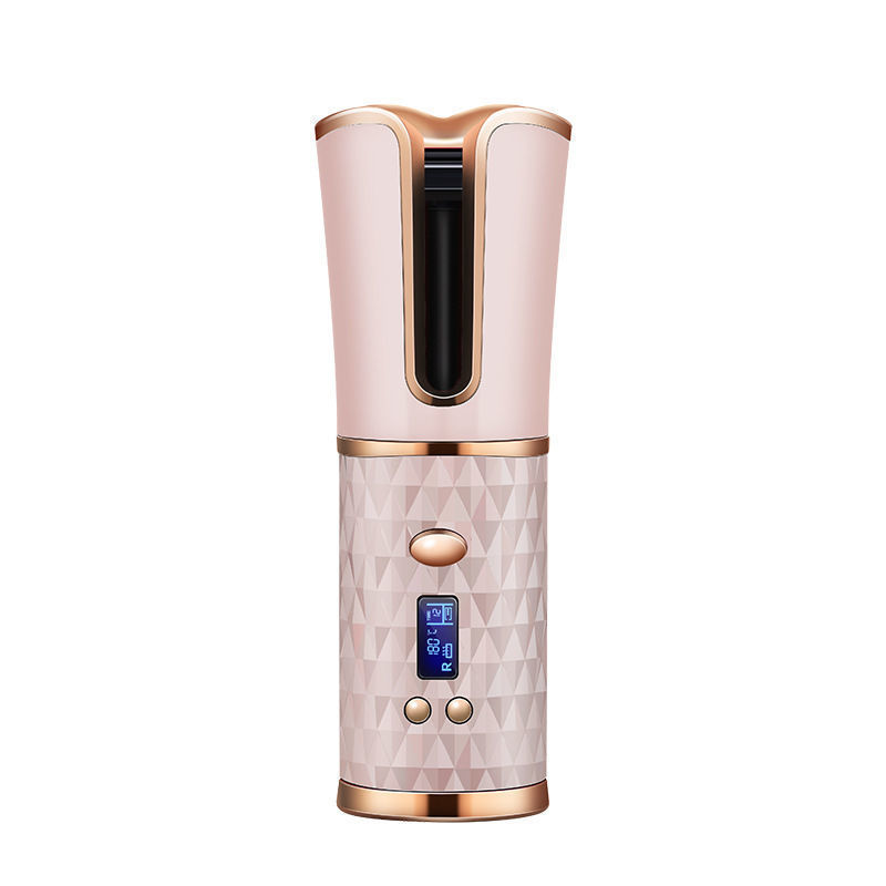 Cordless automatic hair curler iron in rose gold with digital display and rechargeable battery.