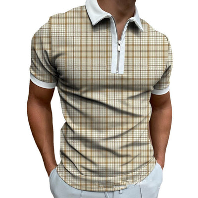 Men's khaki chemical fiber blended polo shirt with zipper check pattern and stand-up collar