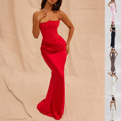 sexy slim tube top long red dress backless evening gown for women party clothing