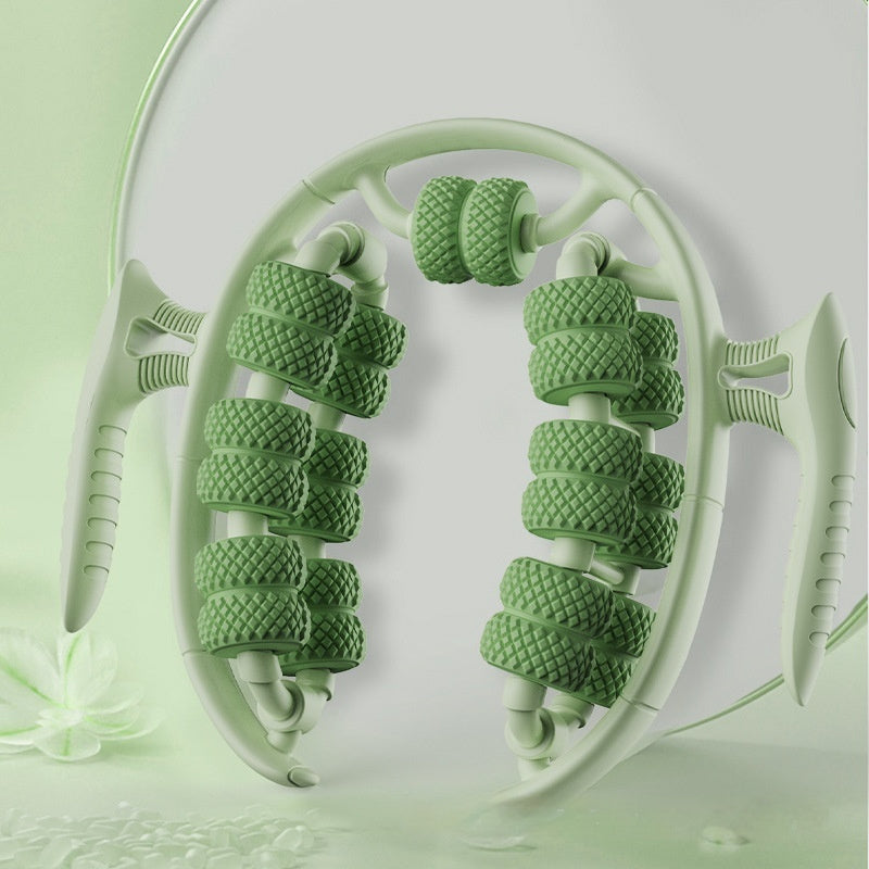 green leg massager circular with textured rollers and ergonomic handles for slimming and beauty massage