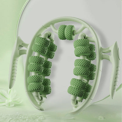 green leg massager circular with textured rollers and ergonomic handles for slimming and beauty massage