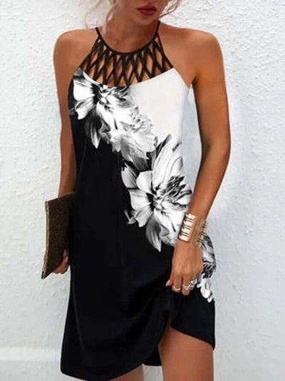 Japanese and Korean casual halterneck sleeveless summer dress with black and white floral print and A-line mid-length skirt