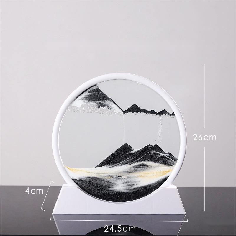 Quicksand painting hourglass ornament in round frame on white base, decorative glass craft.