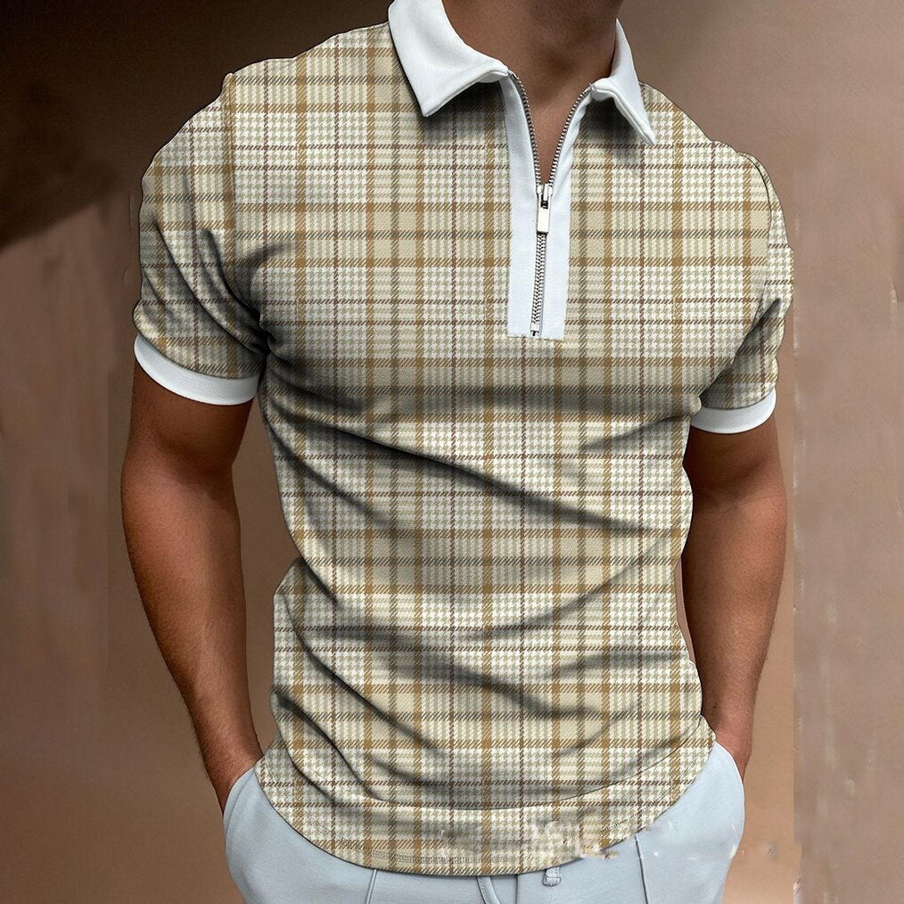 Men's khaki chemical fiber blended polo shirt with zipper check pattern and stand-up collar