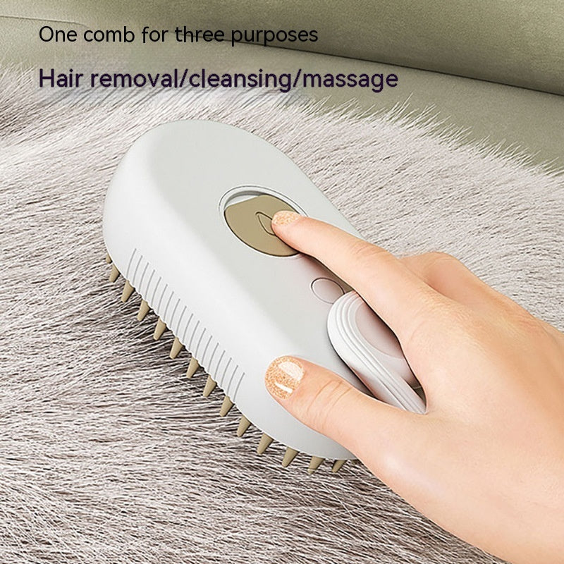Electric 3-in-1 steam pet hair brush with silicone bristles for grooming, hair removal, and massage on cat or dog fur.