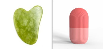 Silicone ice cube tray and jade face massager tool on white background.