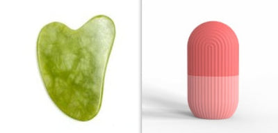 Silicone ice cube tray and jade face massager tool on white background.