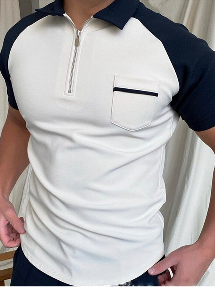 Men's chemical fiber blended polo shirt with zipper front and contrast raglan sleeves