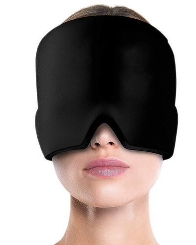 Black cold compress eye mask and headband on a person, made from Lycra and medical gel.