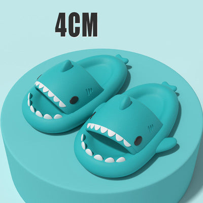 Blue adult's slippers with funny cartoon shark design, 4cm thick EVA sole, indoor and outdoor use, anti-slip textured bottom.