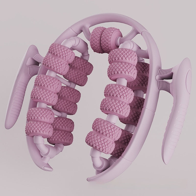 circular leg massager with textured rollers and ergonomic handles in cherry pink for slimming and beauty enhancement