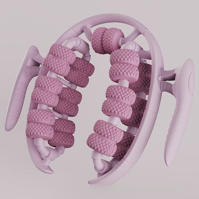 circular leg massager with textured rollers and ergonomic handles in cherry pink for slimming and beauty enhancement