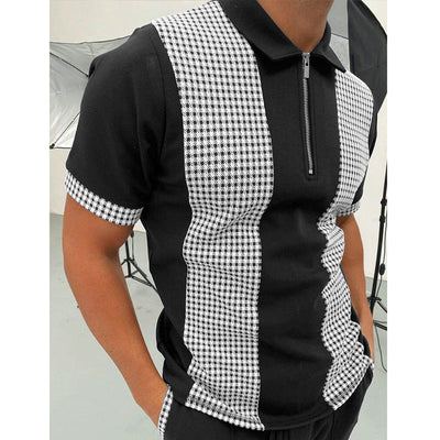 Men's black and white chemical fiber blended polo shirt with zipper and check pattern