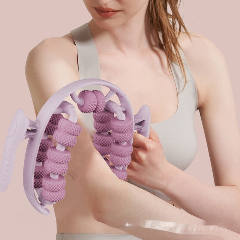 Woman using purple leg massager circular for muscle relief and slimming massage
