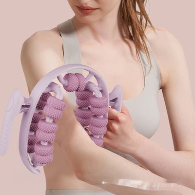 Woman using purple leg massager circular for muscle relief and slimming massage