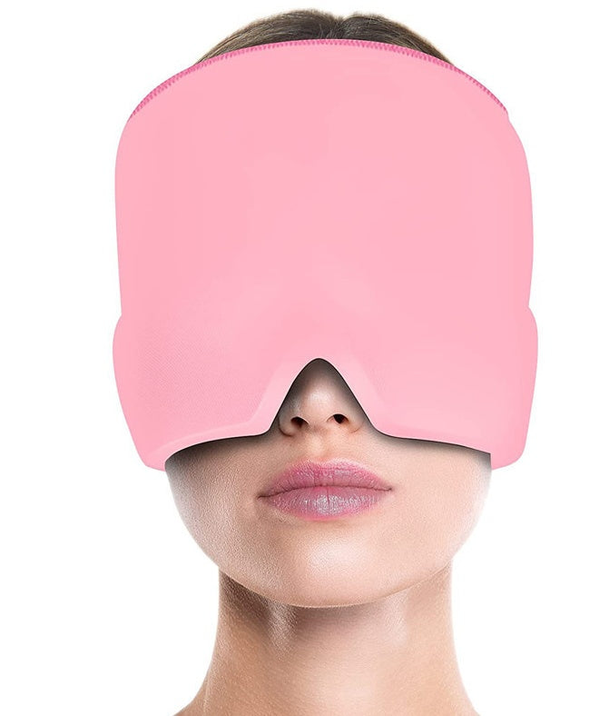 Pink cold compress eye mask on person, made from Lycra elastic cloth gel, customizable by customers.