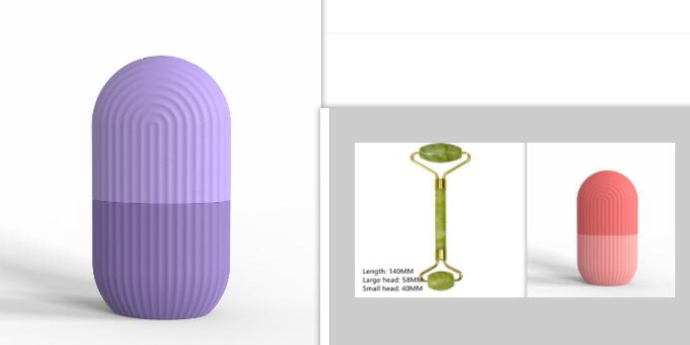 Purple and pink silicone ice cube tray mold and facial roller ball for skin care.