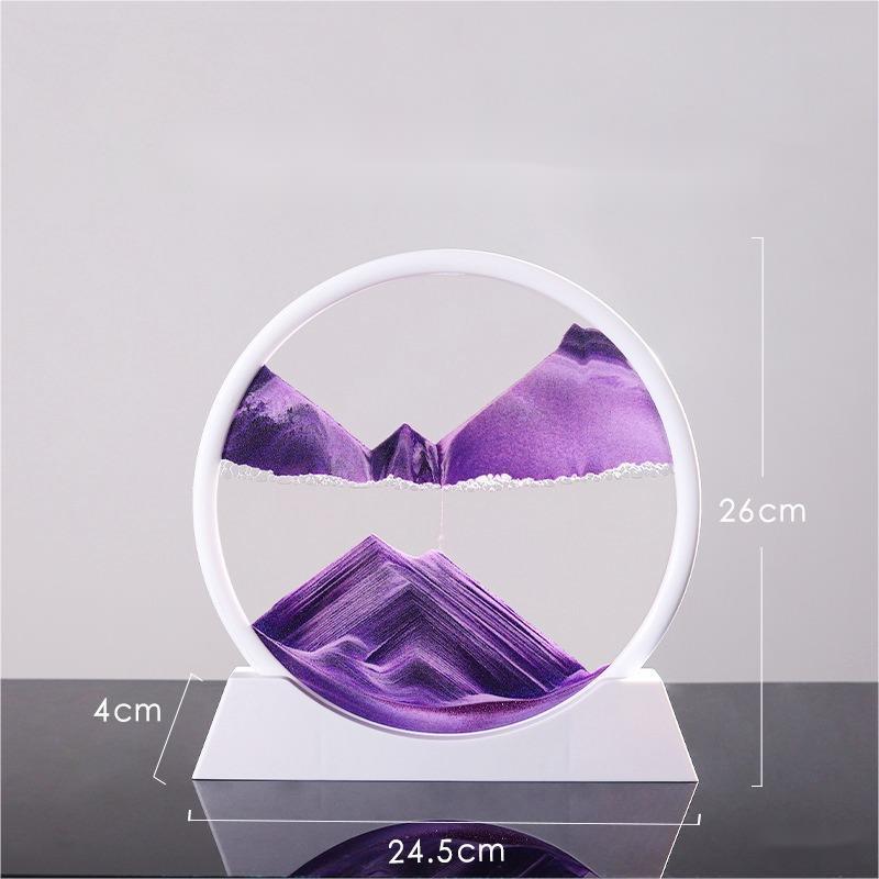 Quicksand painting hourglass ornament with purple sand in a white circular frame, dimensions 24.5cm x 26cm x 4cm.