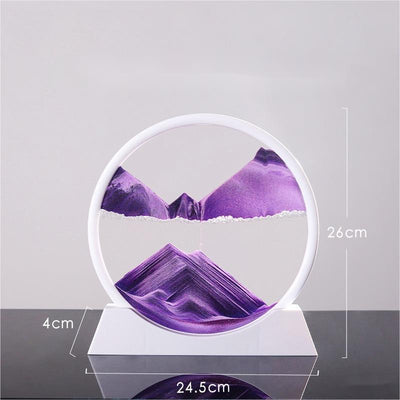 Quicksand painting hourglass ornament with purple sand in a white circular frame, dimensions 24.5cm x 26cm x 4cm.
