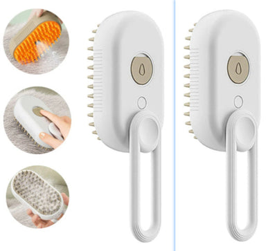 3-in-1 electric pet hair brushes with steam spray, soft silicone bristles, and USB rechargeable battery for grooming and hair removal.
