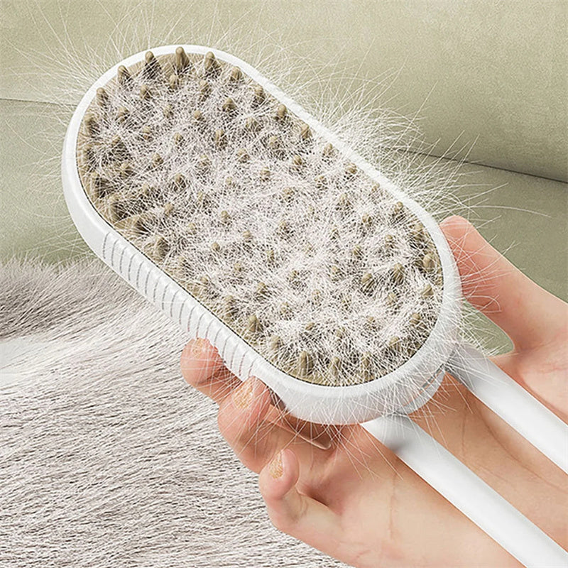 Electric 3-in-1 pet hair brush with steam spray and soft silicone bristles for gentle grooming and hair removal.