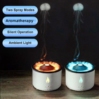 Ultrasonic essential oil humidifier with volcano flame and jellyfish smoke effects, ambient light, silent operation, and aromatherapy functions.