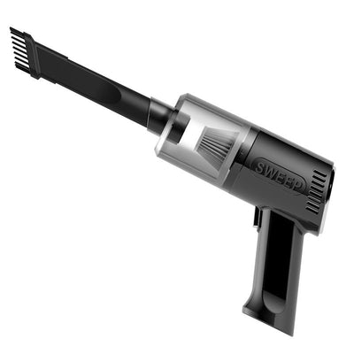 Dual purpose vacuum cleaner for wet and dry small car, portable design, black with attachments.