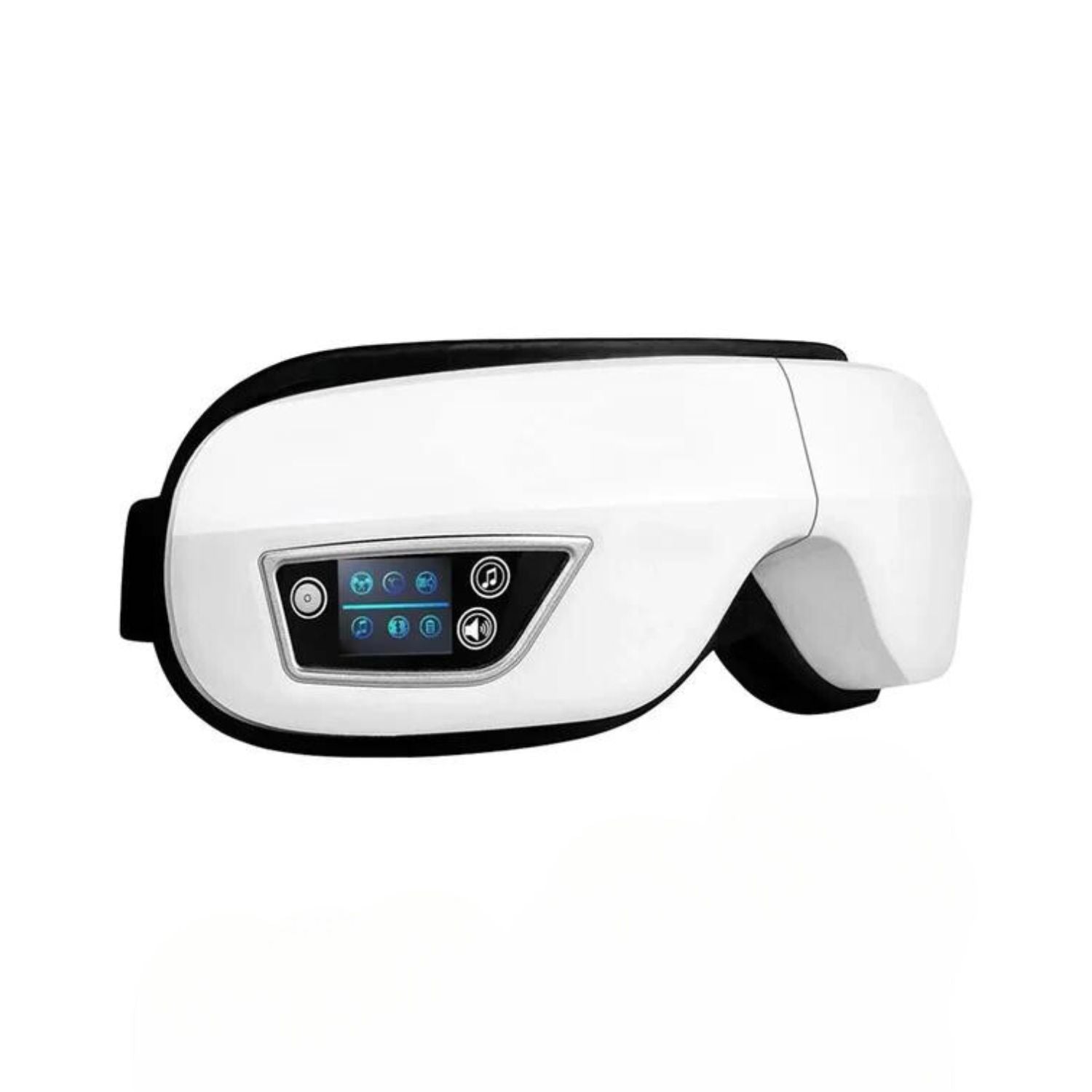 Bluetooth Eye Massager in white with control panel, offers soothing vibrations and music features for relaxation and stress relief.