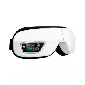 Bluetooth Eye Massager in white with control panel, offers soothing vibrations and music features for relaxation and stress relief.