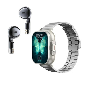 2 in 1 Smartwatch with integrated earpods showcasing innovative design for music lovers on the go.