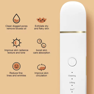Ultrasonic blackhead remover device with cleaning, lifting, and ion functions to clear pores, exfoliate skin, improve radiance, boost absorption, reduce wrinkles, and enhance circulation